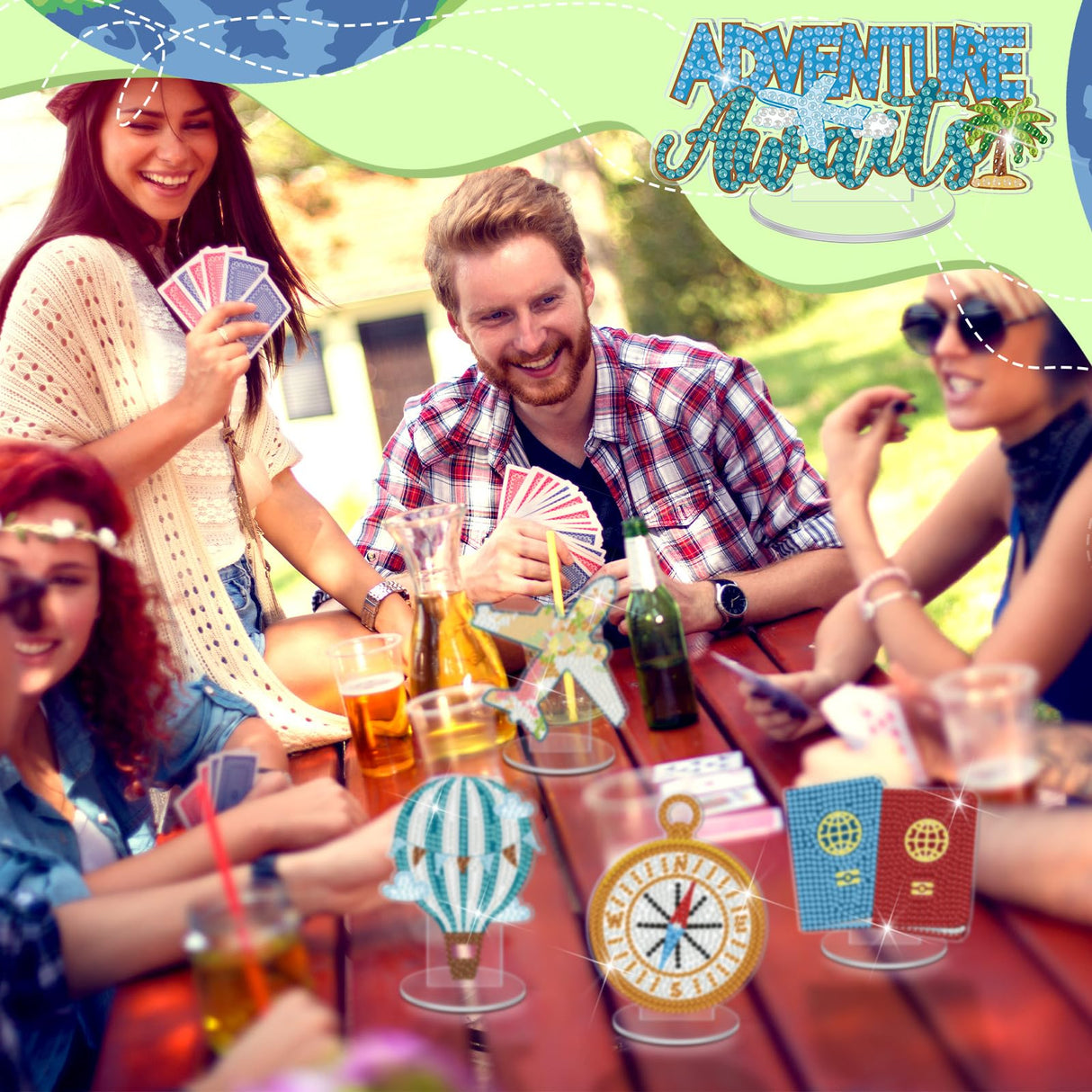 Kosiz 9 Pcs Travel Diamond Art Tabletop Decorations Adventure Awaits Diamond Painting Kits for Adults Double Sided Acrylic Travel Bon Voyage Centerpieces for Table Desktop DIY Crafts Home Party Gifts Kosiz