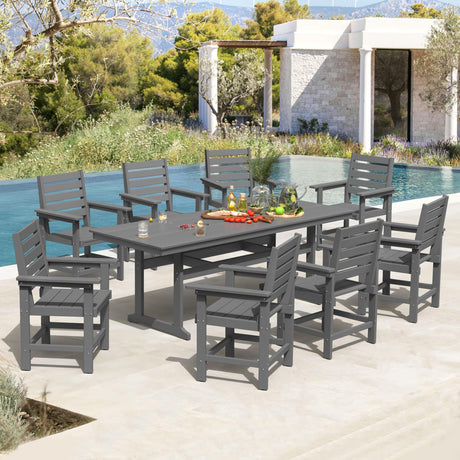 Homenjoy 9 Pieces Patio Table and Chairs Set, HDPS Weather Resistant Outdoor Patio Dining Set with Umbrell Hole, Rectangle Outdoor Dining Table with 8 Patio Chairs for Balcony Backyard Deck, Grey Homenjoy