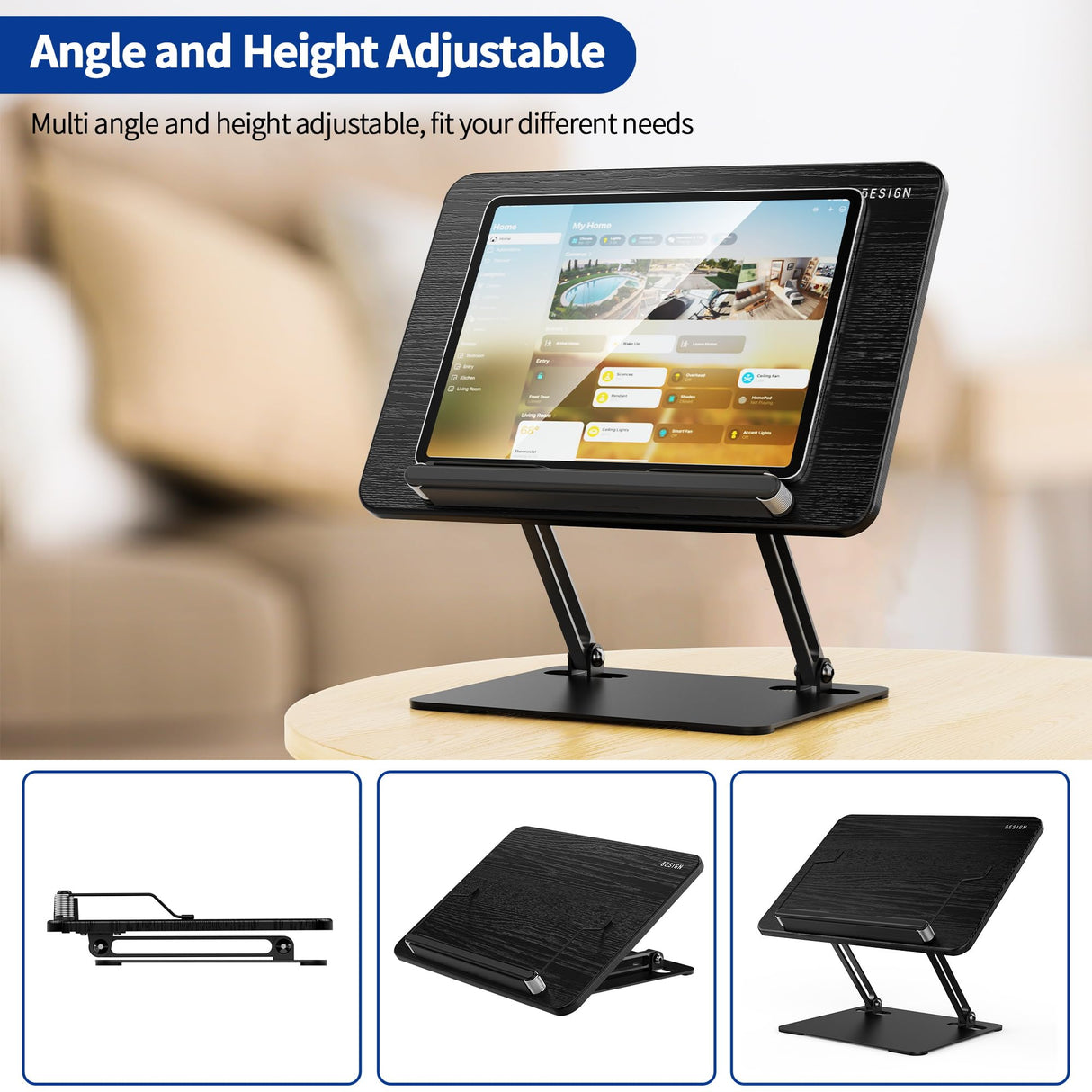 BESIGN BS01 Book Stand for Reading, Adjustable Book Holder, Ergonomic Laptop Stand with Elastic Page Clips for Music Scores, Recipe, Tablet, Laptop (Black) BESIGN