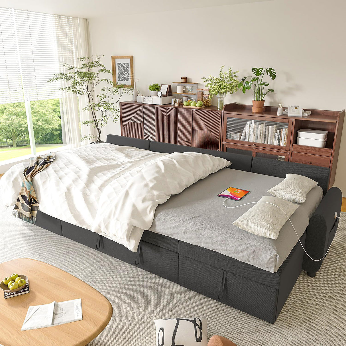 Ucloveria Sleeper Sofa Bed, 112" U-Shaped Sectional Sofa Couches for Living Room, Pull Out Couch Bed with Dual Reversible Storage Chaise | USB Ports | Side Pockets | Removable Backrest Ucloveria