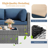 JAMFLY 5 Piece Outdoor Patio Furniture Set, PE Rattan Conversation Sofa Set with Thick Cushions & Glass Top Coffee Table, All-Weather Outside Furniture for Garden, Porch, Aegean Blue JAMFLY