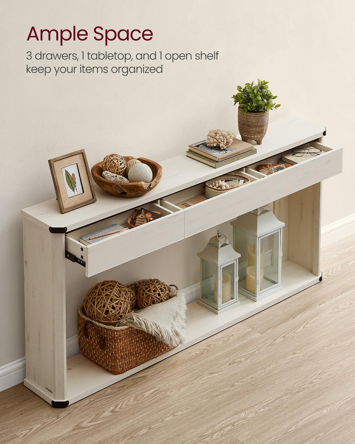 VASAGLE Console Table, 47.2 Inches Sofa Table, Narrow Entryway Table, Entry Table with 3 Drawers, Bottom Shelf, Metal Corners, for Living Room, Bedroom, Farmhouse Style, Rustic White ULNT143W73 VASAGLE