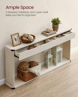VASAGLE Console Table, 47.2 Inches Sofa Table, Narrow Entryway Table, Entry Table with 3 Drawers, Bottom Shelf, Metal Corners, for Living Room, Bedroom, Farmhouse Style, Rustic White ULNT143W73 VASAGLE