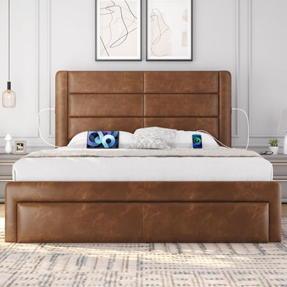 Yaheetech Queen Bed Frame with 2 USB Charging Stations/Port for Type A&Type C/3 Storage Drawers,Leather Upholstered Platform Bed with Headboard/Solid