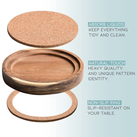 Acacia Wood Coasters for Drinks, 4.13 Inch, Set of 6, Absorbent and Insulation Cork Stackable Cup Holders, Rustic Coasters for Wooden Table, Designed by S1EGAN S1EGAN