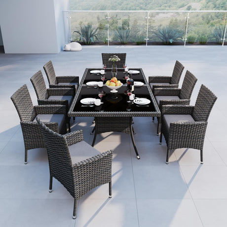 10 Piece Patio Dining Set All-Weather Wicker Outdoor Patio Furniture Set Include 8 Dining Chairs w/Soft Cushions and 2 Tempered Glass Table with Umbrella Hole,Rattan Patio Conversation Set,Brown/Gray Halmuz