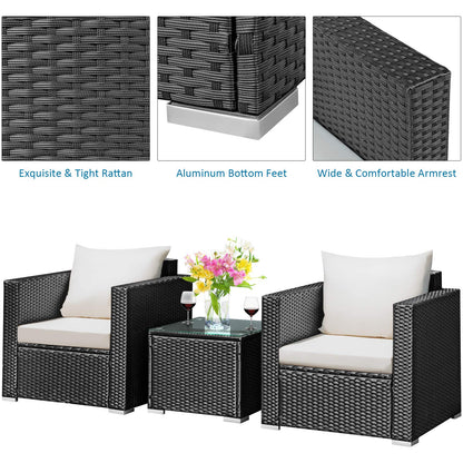 Tangkula 3 Pieces Patio Furniture Set, PE Rattan Wicker Sofa Set w/Washable Cushion and Tempered Glass Tabletop, Outdoor Conversation Furniture for Garden Poolside - WoodArtSupply