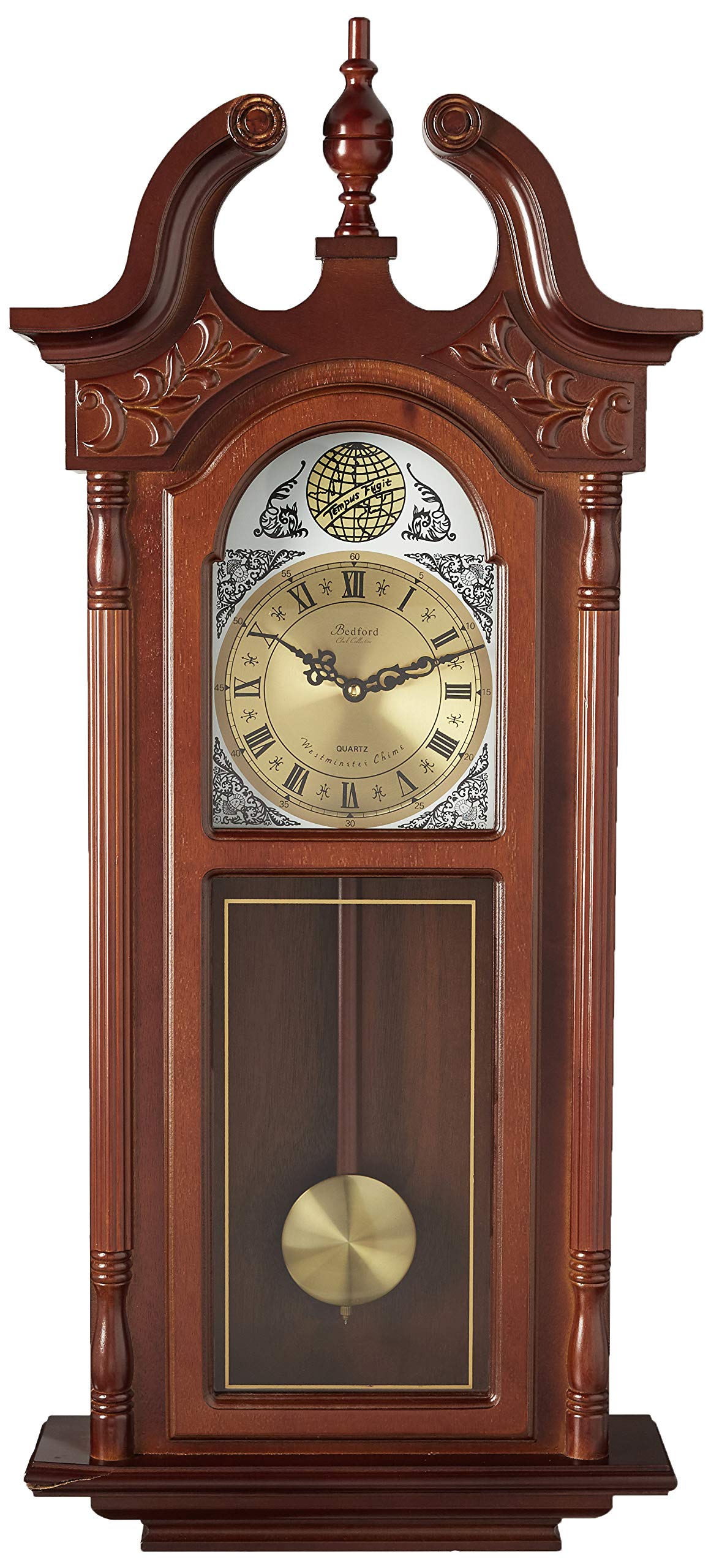 Bedford Clock Collection Grand Antique Chiming Wall Clock with Roman Numerals in a in a Cherry Oak Finish, 38" L Bedford Clock Collection