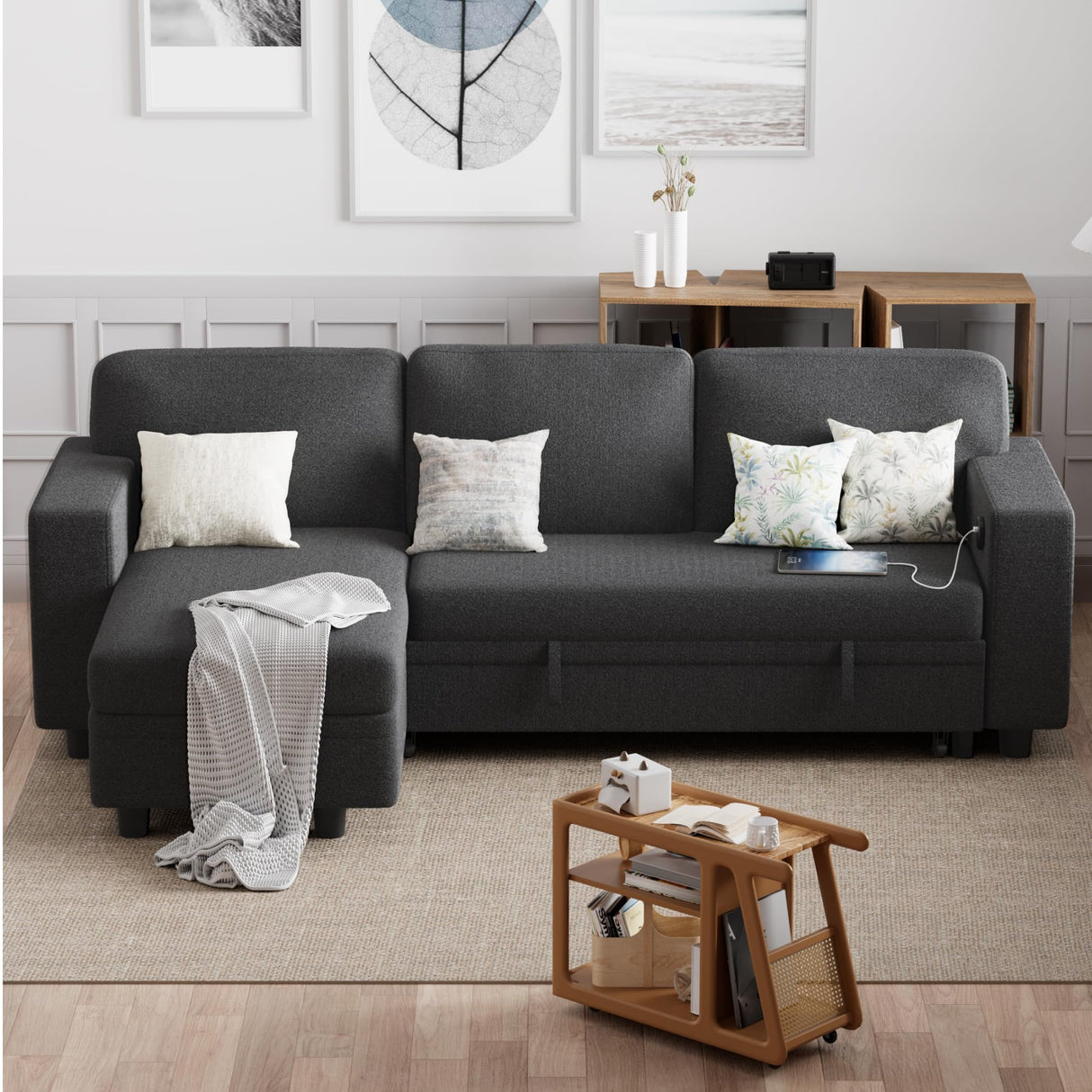 Furmax 80″ Sleeper Sofa Couch with Pull Out Bed L Shaped Sleeper Sofa with Storage Chaise, USB Charging Ports & 2 Built-in Bookshelves 3-Seat Sectional couches for Living Room (Fabric, Grey) Furmax