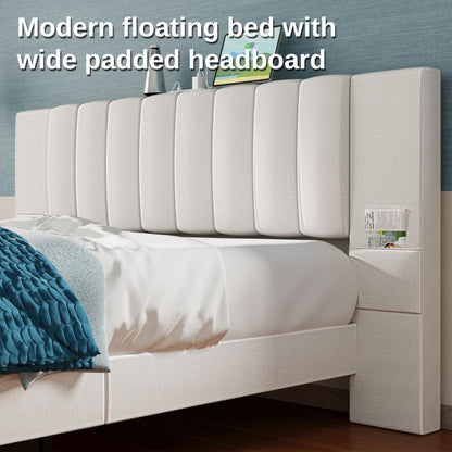 LIKIMIO Modern Floating Full Bed Frame with Padded Headboard, LED Lights & Charging Station in Beige - WoodArtSupply