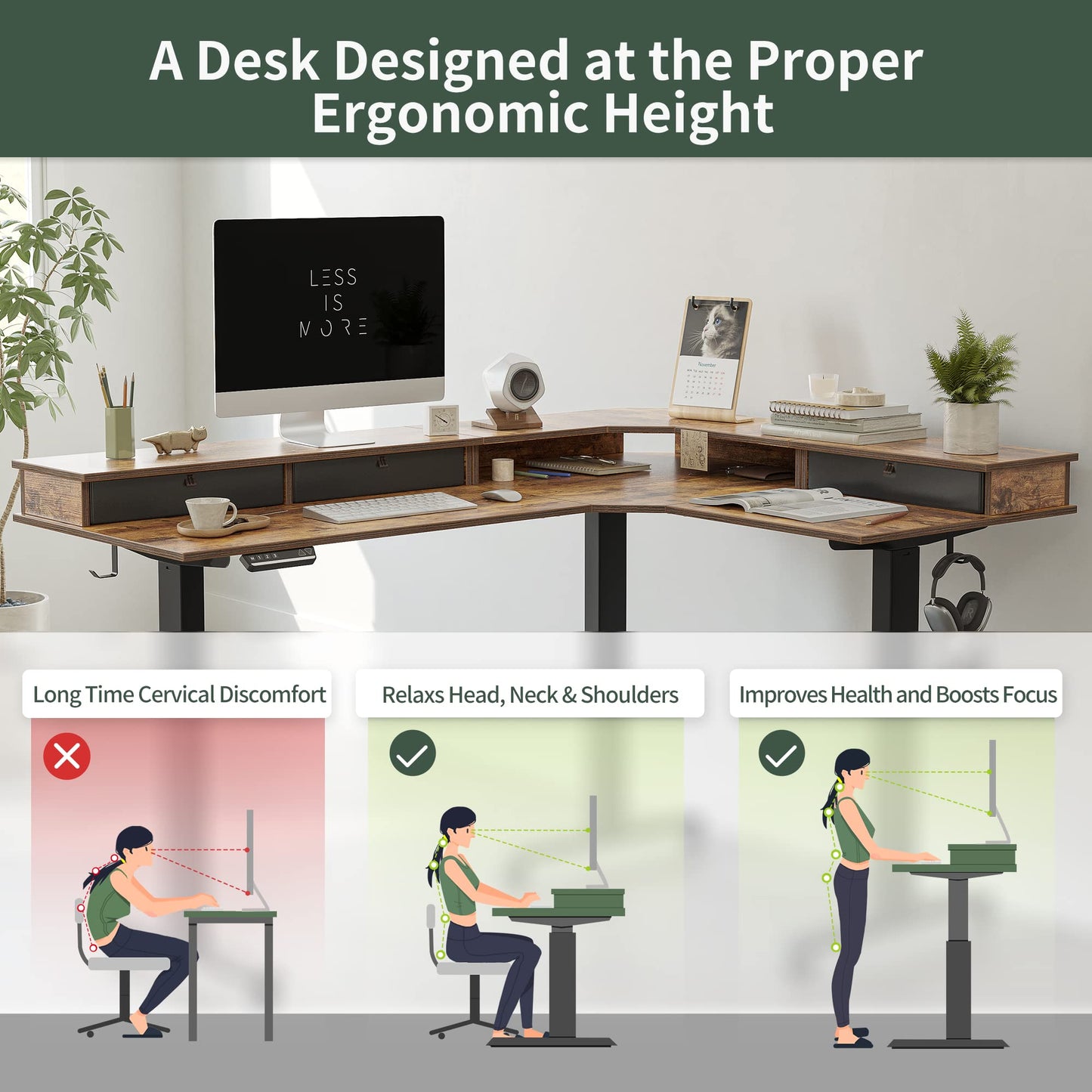 FEZIBO Triple Motor 63" L Shaped Standing Desk with 3 Drawers, Electric Standing Desk Adjustable Height, Corner Stand up Desk with Splice Board - Rustic Brown - WoodArtSupply