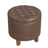 HomePop Home Decor | Upholstered Round Faux Leather Tufted Foot Rest Ottoman | Ottoman with Storage for Living Room & Bedroom | Decorative Home Furniture, Brown Faux Leather HomePop