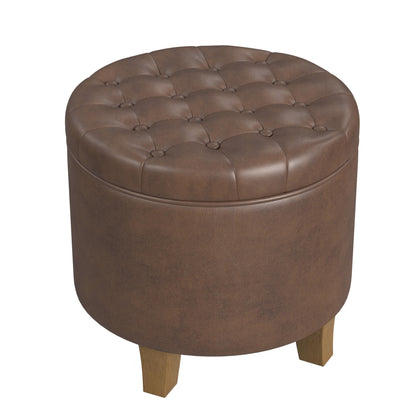 HomePop Home Decor | Upholstered Round Faux Leather Tufted Foot Rest Ottoman | Ottoman with Storage for Living Room & Bedroom | Decorative Home Furniture, Brown Faux Leather