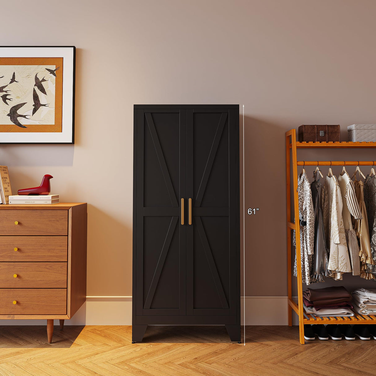 61" Tall Farmhouse Metal Pantry Cabinet, Kitchen Pantry Storage Cabinets with 2 Barn Door and Adjustable Shelves,Metal Pantry Storage Cabinet,for Kitchen,Laundry Room,Home Office,Kids Room (Black) Washsemba