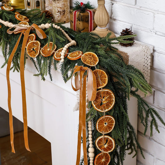 Daifunli 5 Pcs Christmas Garlands 6 Ft Norfolk Pine Garland Farmhouse Dried Orange Slice Garland Wood Beads Garland Velvet Bow for Xmas Tree Holiday Wedding Fireplace Mantle Indoor Decor