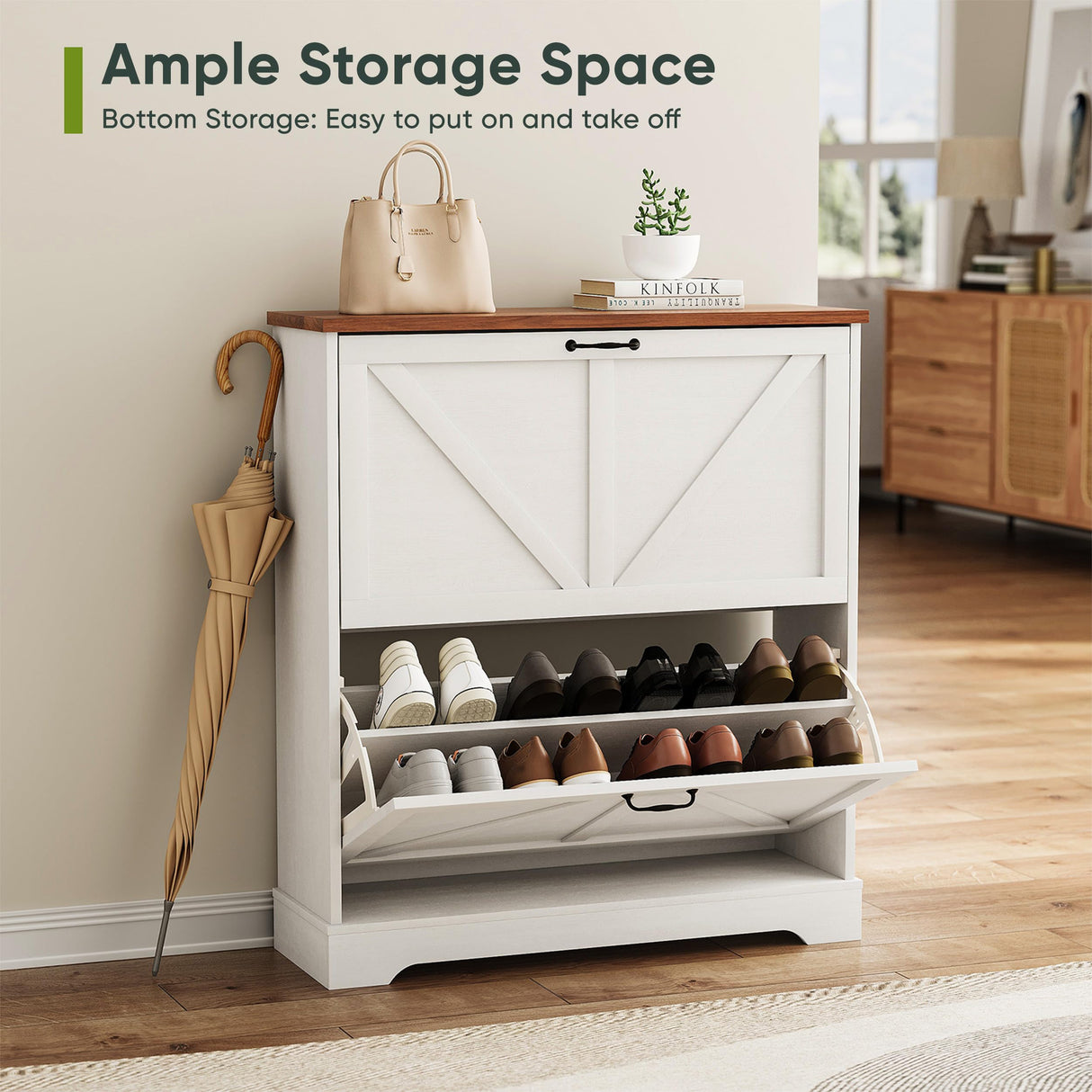 Smart FENDEE Shoe Storage Cabinet with 2 Flip Drawers, Narrow Entryway Organizer, Farmhouse Style with Wooden Feet, Slim Shoe Rack, White Smart FENDEE