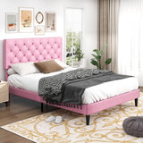 Full Size Bed Frame with Headboard, Upholstered Platform Bed with Adjustable Button Tufted Headboard, Fabric Bed Frame with Wooden Slats Support, No Box Spring Required, Easy Assembly, Pink BarnFurin