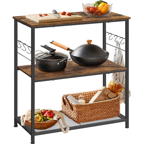 VASAGLE Baker s Rack, Kitchen Shelf, Kitchen Island, Microwave Oven Stand with 3 Open Shelves, 6 Hooks, Metal Frame, 15.7 x 31.5 x 35.4 Inches, Industrial, Rustic Brown and Black UKKI002B01 VASAGLE