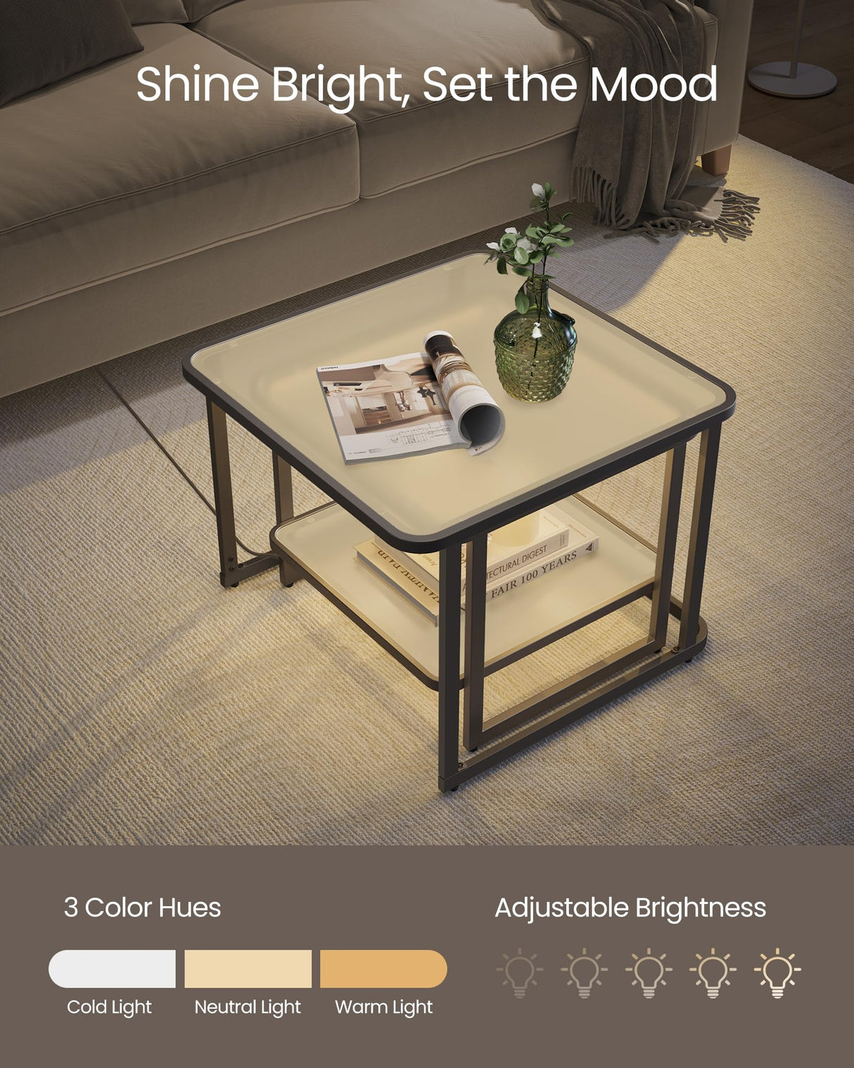 VASAGLE Nesting Tables, Frosted Glass Coffee Table with LED Lights, Modern Square Side Tables with Bottom Shelf, for Living Room, Bedroom, Office, Cloud White and Ink Black (Set of 2) VASAGLE