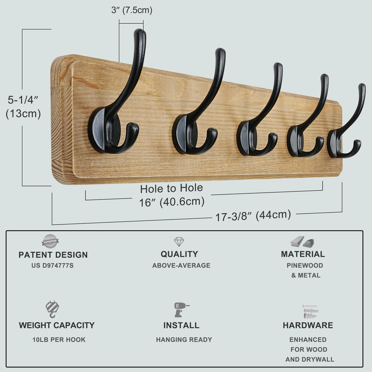 Dseap Coat Rack Wall: Patented, Heavy-Duty, 17.4" Long 5-Double-Hooks Wooden Wall Mounted Coat Rack Coat Hanger Hook Rail for Winter Coats Hat Jacket Clothing, Natural & Black Dseap
