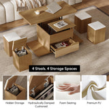 homary Natural Lift Top Coffee Table with Hidden Storage, 3 in 1 Multi-Function Modern Folding Center Table with 4 Stools and Casters homary