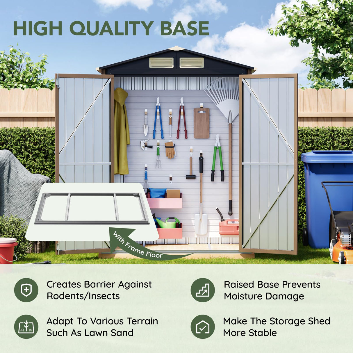 Grovellis 5x3 FT Outdoor Metal Storage Shed with Floor Frame, Double Door, 1 Clear Window, Tool Shed for Garden, Patio, Backyard Brown Grovellis