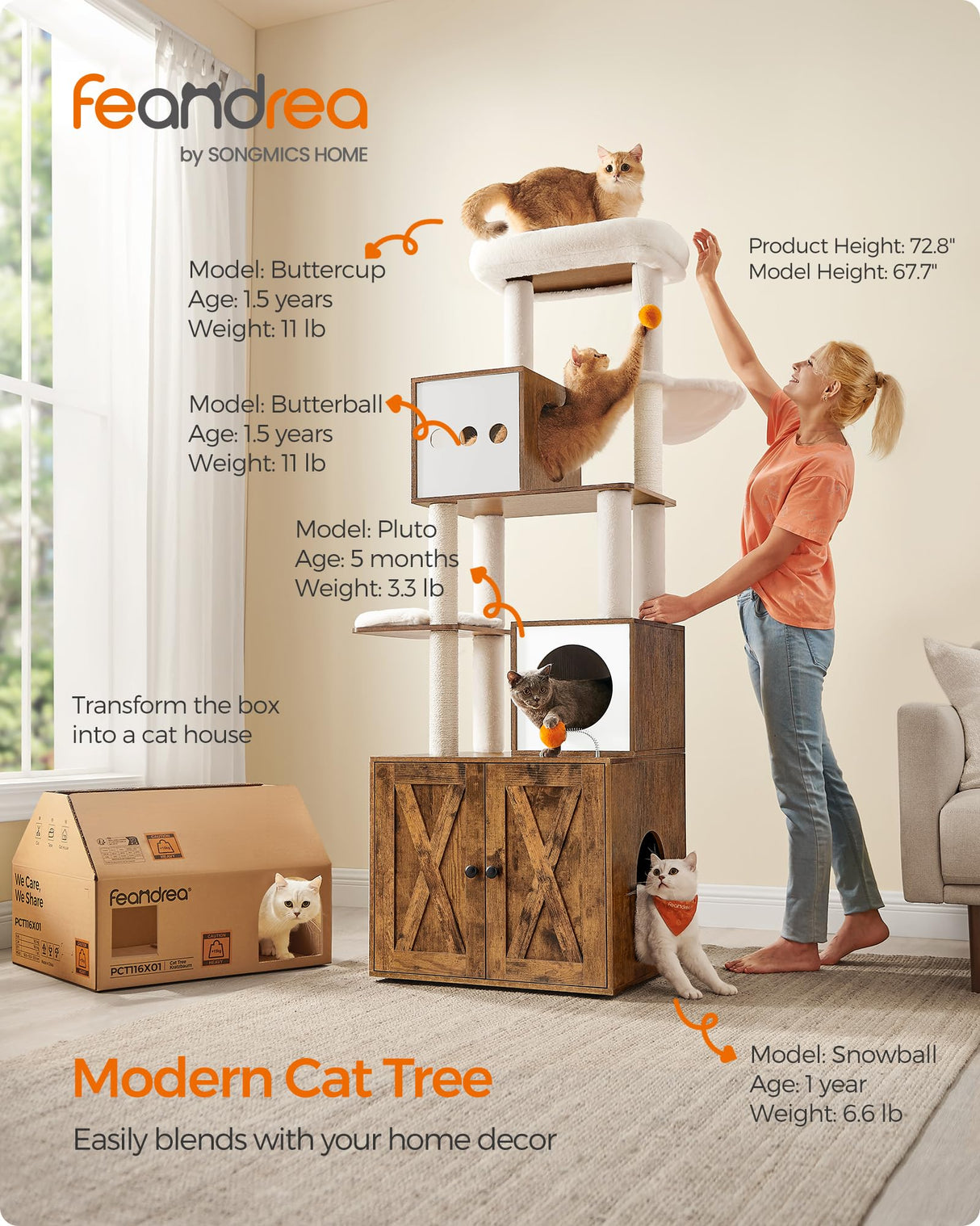 Feandrea Cat Tree with Litter Box Enclosure, 2-in-1 Modern Cat Tower, 72.8-Inch Tall Cat Condo with Scratching Posts, Perch, Caves, Basket, Washable Cushions, Rustic Brown UPCT116X01 Feandrea