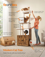 Feandrea Cat Tree with Litter Box Enclosure, 2-in-1 Modern Cat Tower, 72.8-Inch Tall Cat Condo with Scratching Posts, Perch, Caves, Basket, Washable Cushions, Rustic Brown UPCT116X01 Feandrea