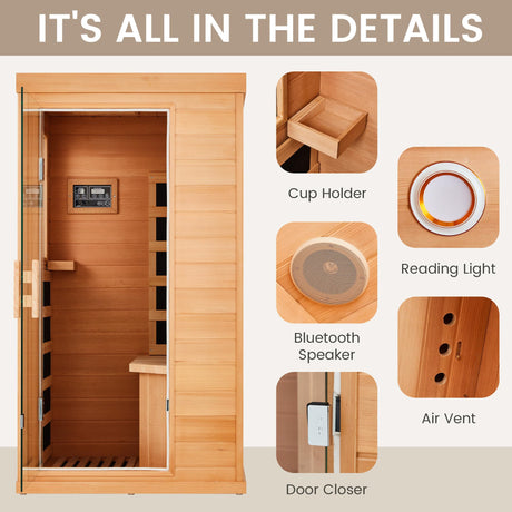 BNEHS 1 Person Infrared Sauna, Hemlock Wooden Indoor Dry Saunas，Full Spectrum Mini Sauna with 4 Heater Panels, Bluetooth Speaker, Tempered Glass Door, Compact and Easy to Use, 110V BNEHS