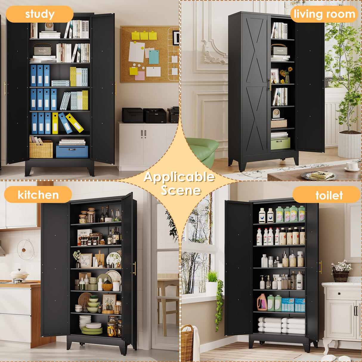 Lusiwry 75" Tall Metal Kitchen Pantry Storage Cabinet, Freestanding Cupboard with 2 Doors and 5 Adjustable Shelves, Standing Storage for Kitchen, Bathroom, Garage, Dinning Room or Utility Room（Black） Lusiwry