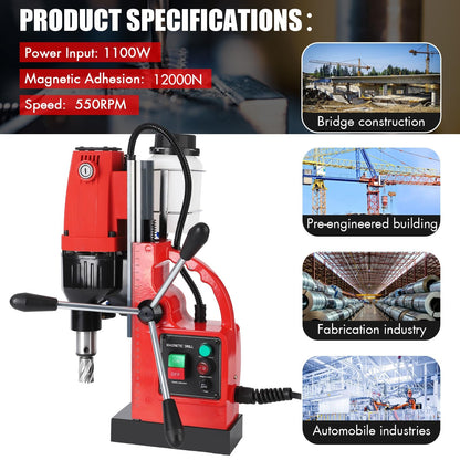 GARVEE Magnetic Drill Press, 1100W 550RPM Portable Mag Drill Press, Magnetic Core Drilling Machine for Metal Working,14Pcs Annular Cutters Drill Bits，Red - WoodArtSupply