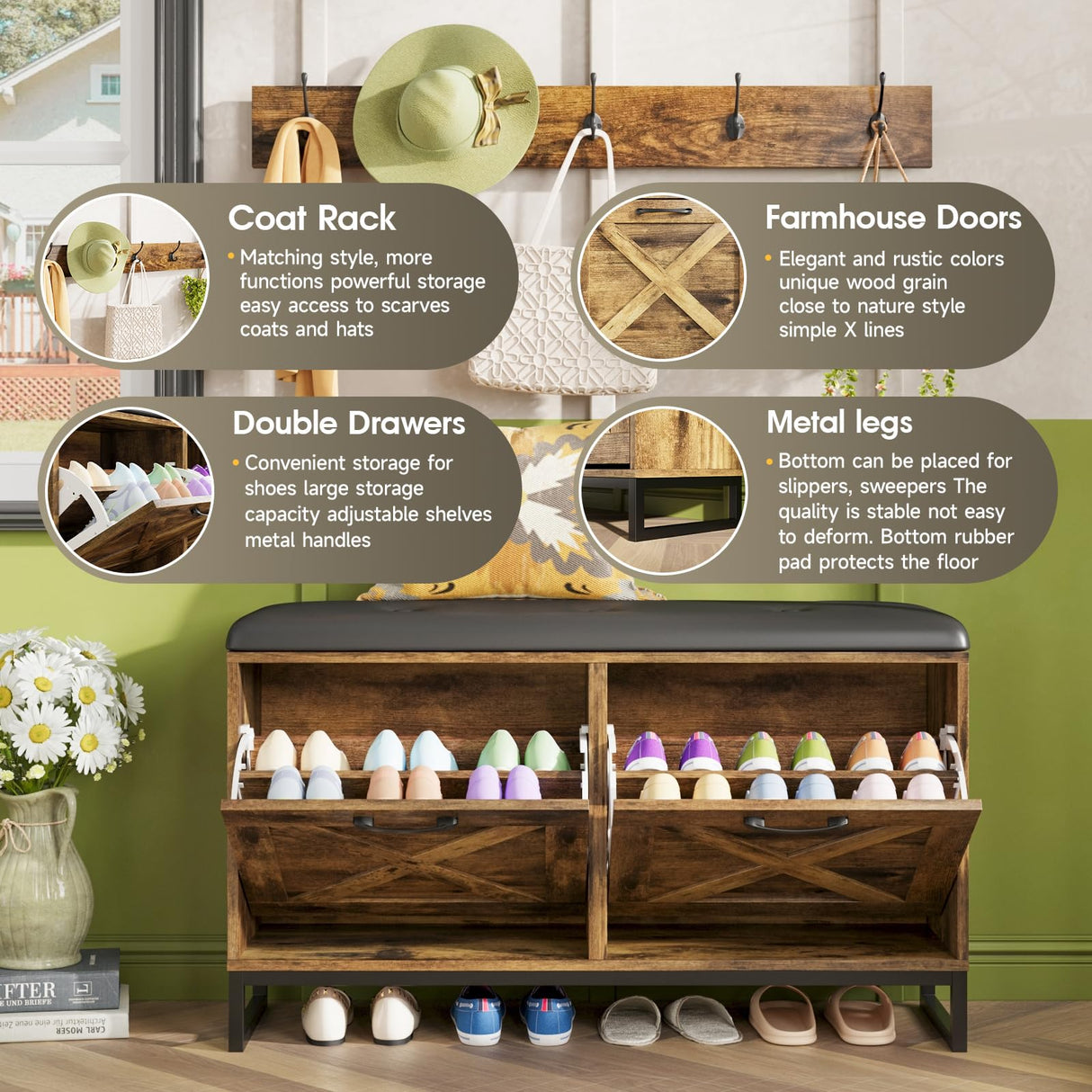 Maupvit Shoe Cabinet with 2 Flip Drawers & Coat Rack, Shoe Storage Bench with Seat Cushion for Entryway, 5 Large Sturdy Metal Hooks - with Locking Wall Parts, Farmhouse Brown Maupvit