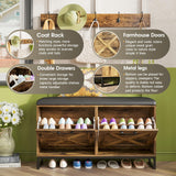 Maupvit Shoe Cabinet with 2 Flip Drawers & Coat Rack, Shoe Storage Bench with Seat Cushion for Entryway, 5 Large Sturdy Metal Hooks - with Locking Wall Parts, Farmhouse Brown Maupvit