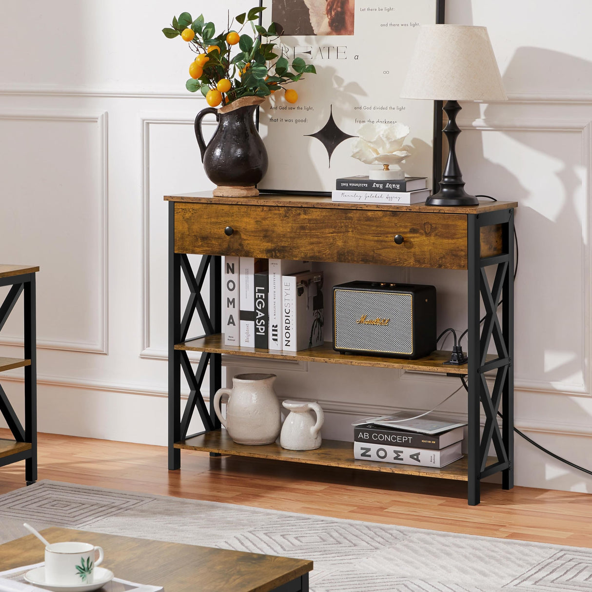 Yaheetech TV Stand with Power Outlets, Entertainment Center with Drawer, Media Console Table for TV up to 45 inch with Storage Shelf for Bedroom/Living Room/Hallway, Metal Frame, Rustic Brown Yaheetech