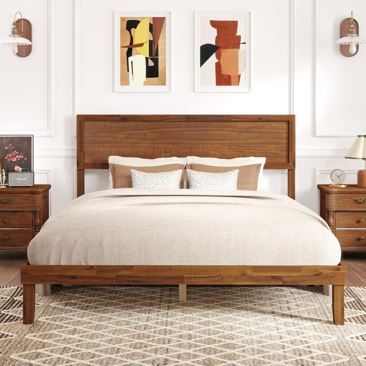 Giantex Wood Queen Bed Frame with Headboard, Mid Century Modern Platform Bed Queen Size with Solid Wood Legs & Wooden Slat Support, Easy Assembly, No Box Spring Needed, Walnut Giantex
