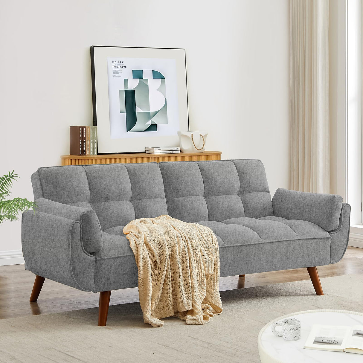 Homies Life Convertible Futon Sofa Bed, Linen Sleeper Couch, 75" W Modern 3 Seater Tufted Sofa with Adjustable Backrests and Solid Wood Legs for Living Room, Bedroom, Small Space, Gray Homies Life