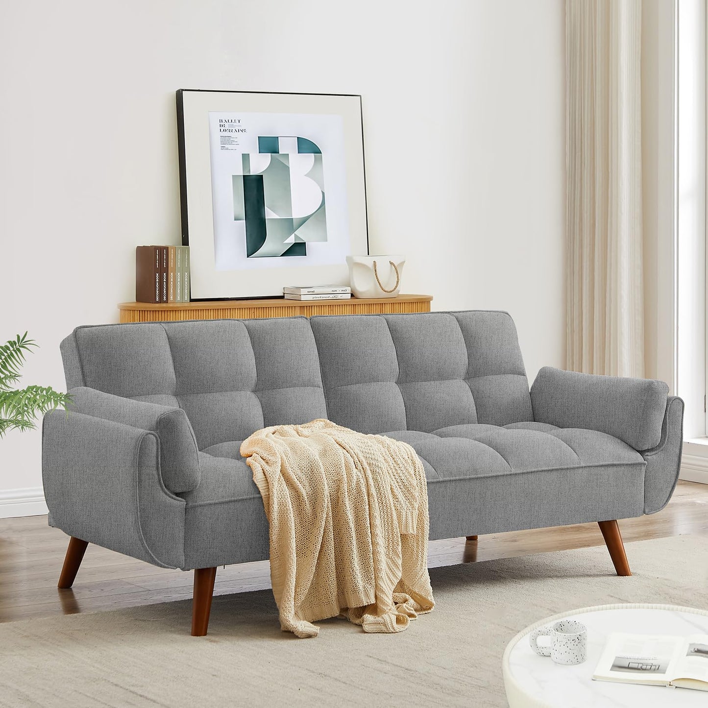 Homies Life Convertible Futon Sofa Bed, Linen Sleeper Couch, 75" W Modern 3 Seater Tufted Sofa with Adjustable Backrests and Solid Wood Legs for Living Room, Bedroom, Small Space, Gray - WoodArtSupply