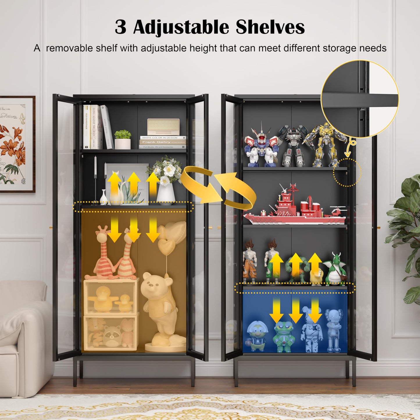 SteeLoong Glass Display Cabinet,66”Metal Black Display Cabinet with Glass Doors and 3 Adjustable Shelves,Curio Display Cabinet for Livingroom