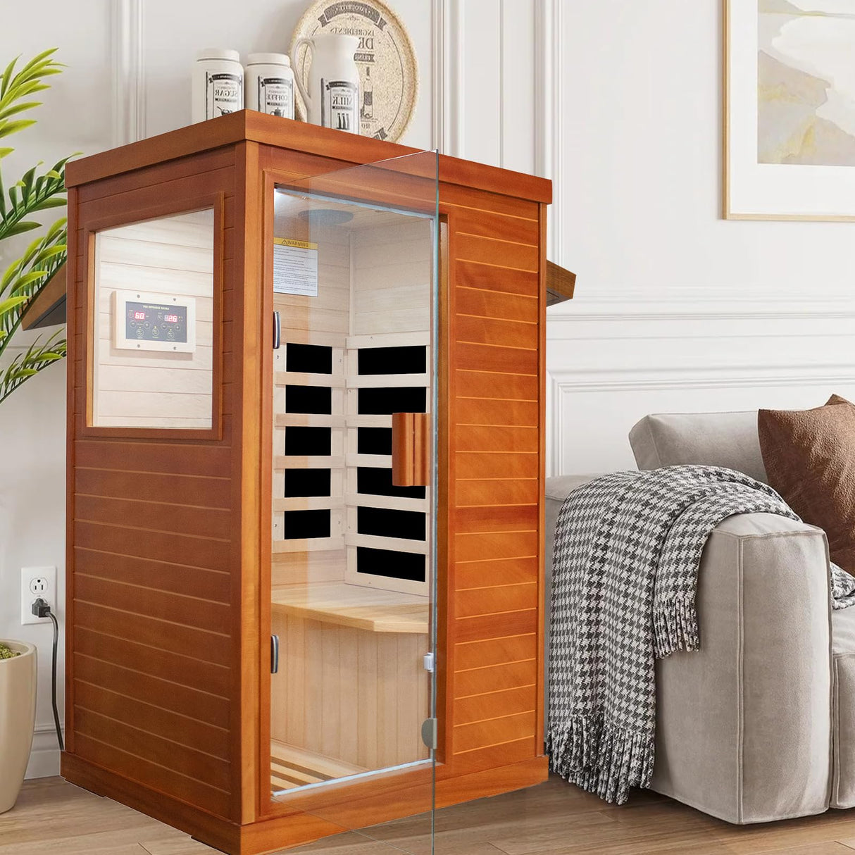 HAOYAYA Infrared Sauna Room with 5 Heating Plates 800W Low-EMF Dry Saunas African Okoume Wood 1-Person Sauna Infrared Room: 35.24 * 27.56 * 61.61 inches. HAOYAYA