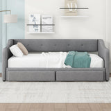 Merax Linen Upholstered Daybed with Trundle and 2 Storage Drawers, Twin XL to King Size Wooden Bed Frame & Buttoned Back for Living Room,Guest Room, No Box Spring Needed, Easy Assembly, Gray Merax