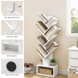 Hoctieon 6 Tier Tree Bookshelf, Tall Bookcase with Drawer, Freestanding Book Shelf, Display Floor Standing Storage Shelf, Book Organizer Shelves for Home Office, Living Room, Bedroom, White Hoctieon