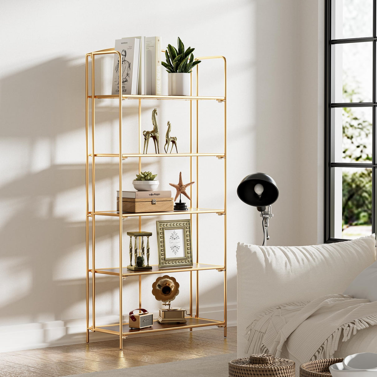 Crofy No Assembly Folding Bookshelf for Living Room, 5 Tier Gold Collapsible Book Shelf for Home Office, Portable Bookcase Storage Organizer Crofy