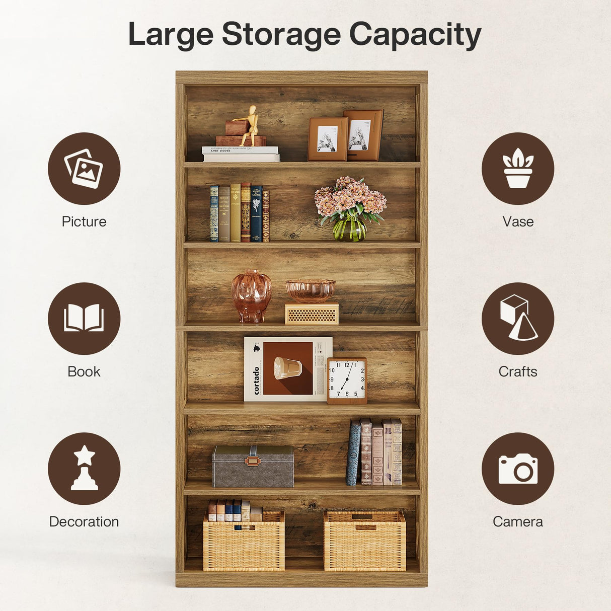 Tribesigns 74.8" Tall Bookcase, 7-Tier Industrial Bookshelf with Storage, Floor Standing Open Display Storage Shelves for Home Office, Living Room, Bedroom, Brown Tribesigns