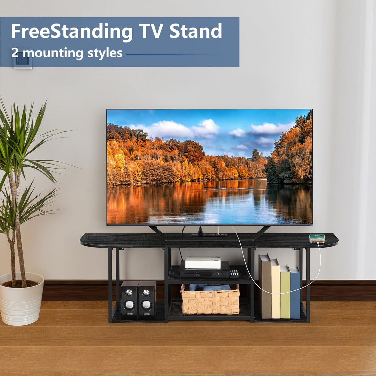 BTY Floating TV Shelf with Power Outlet, Black TV Console with USB Ports, Industrial Under TV Cabinet for 50 Inch TV, Modern Entertainment Center for Bedroom, Living Room BTY