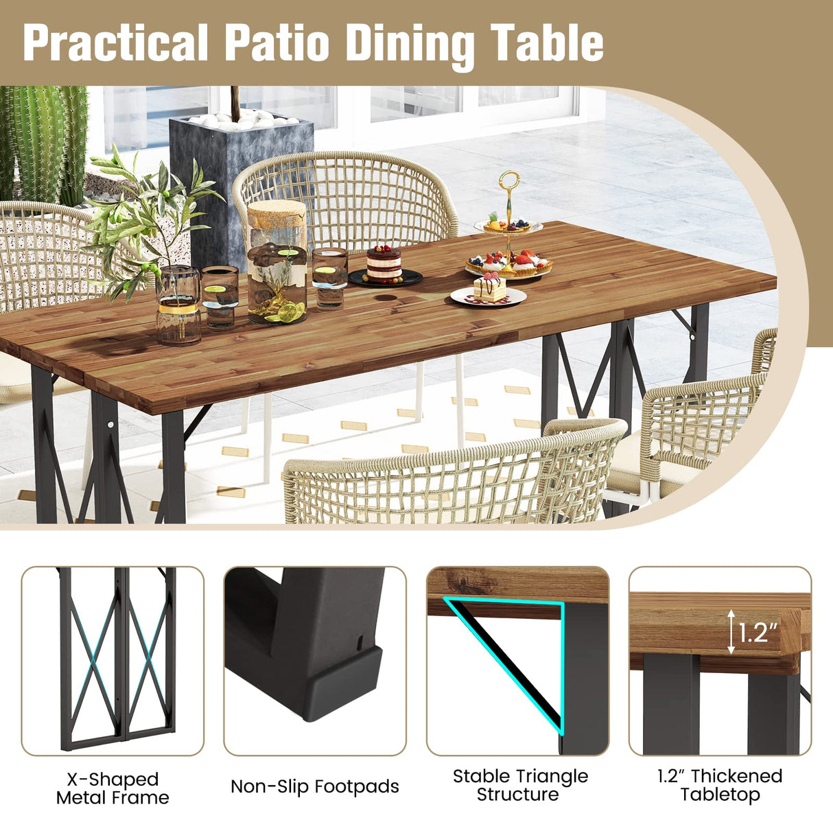 Tangkula 67 Inch Outdoor Dining Table, Acacia Wood Patio Table with 2 Inch Umbrella Hole, Heavy-Duty Metal Frame, Indoor Outdoor Picnic Table for 6 Tangkula