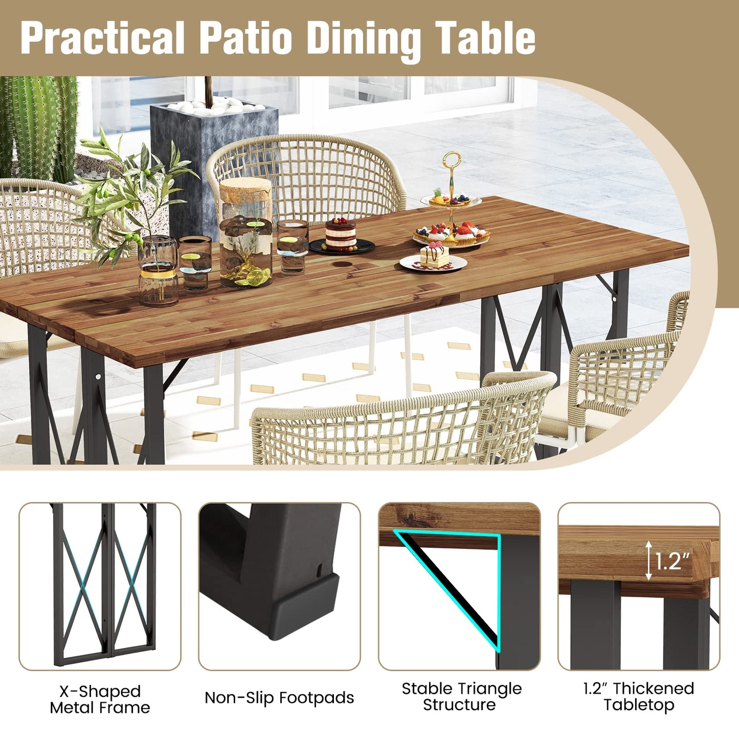 Tangkula 67 Inch Outdoor Dining Table, Acacia Wood Patio Table with 2 Inch Umbrella Hole, Heavy-Duty Metal Frame, Indoor Outdoor Picnic Table for 6 - WoodArtSupply