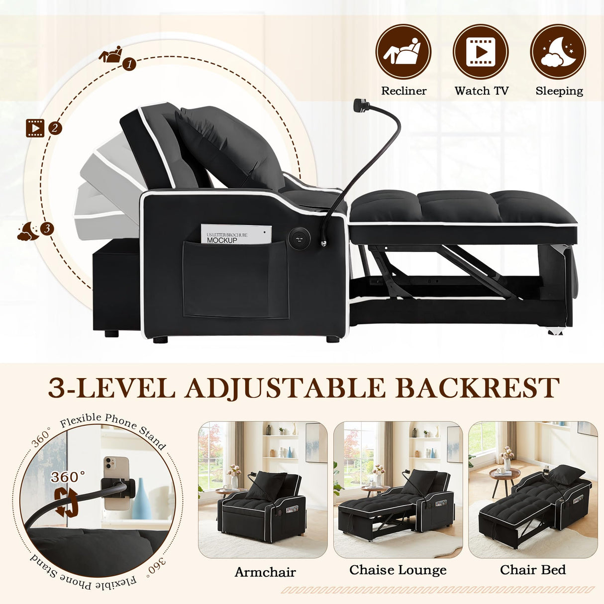 SLEERWAY 3-in-1 Convertible Futon Sofa Bed Chair, Multi-Functional Sleeper Chair Bed with Pull Out Couch and Adjustable Backrest, Modern Velvet Chaise Lounge Armchair for Living Room Bedroom, Black SLEERWAY