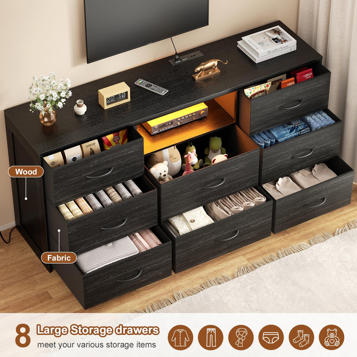 OURPIC 55'' Dresser for Bedroom with 8 Fabric Drawers, Wide Chest of Drawers with LED Lights & Charging Station, Long Wood Dresser TV Stand for Living Room, Hallway,Closet OURPIC