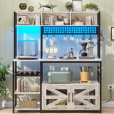 Itaar 47.2 Inch Bakers Rack with Power Outlet, Microwave Stand with Storage, Farmhouse Coffee Bar Cabinet Station with Wine Rack, Iron Mesh and 8-S Hooks, Vintage White Itaar