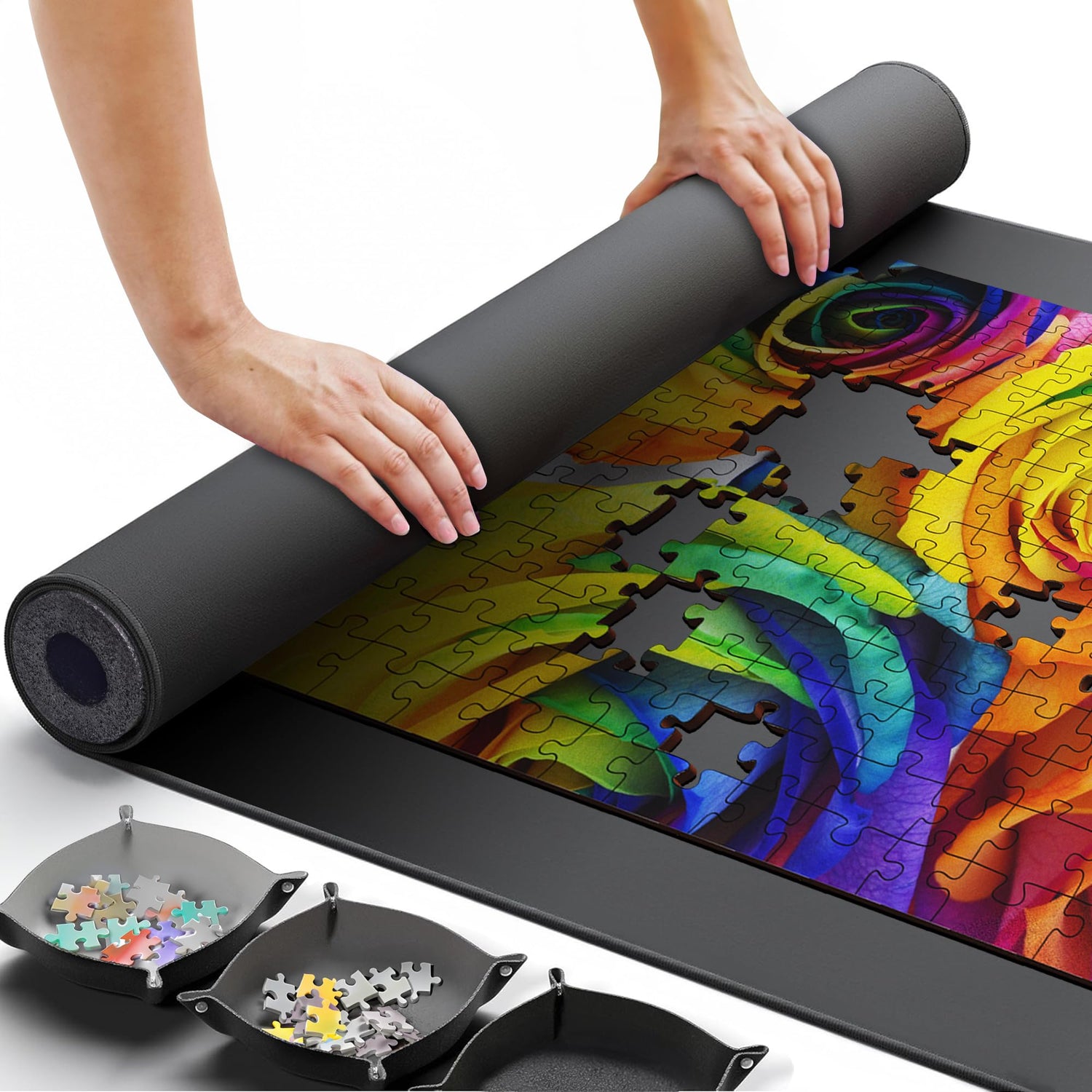 Puzzle Mat Jigsaw Puzzle Mat and 3 Puzzle Trays, Puzzle Mat Roll Up 51”x31”, Portable Large Puzzle Mat Organizer Up to 2000 Pcs, No Creases to Your Finished and Unfinished Puzzles, Rubber Puzzle Mats YUPYY